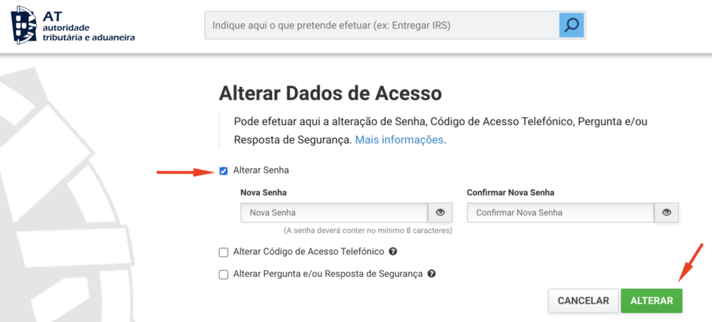 How to change your password on Portal das Finanças