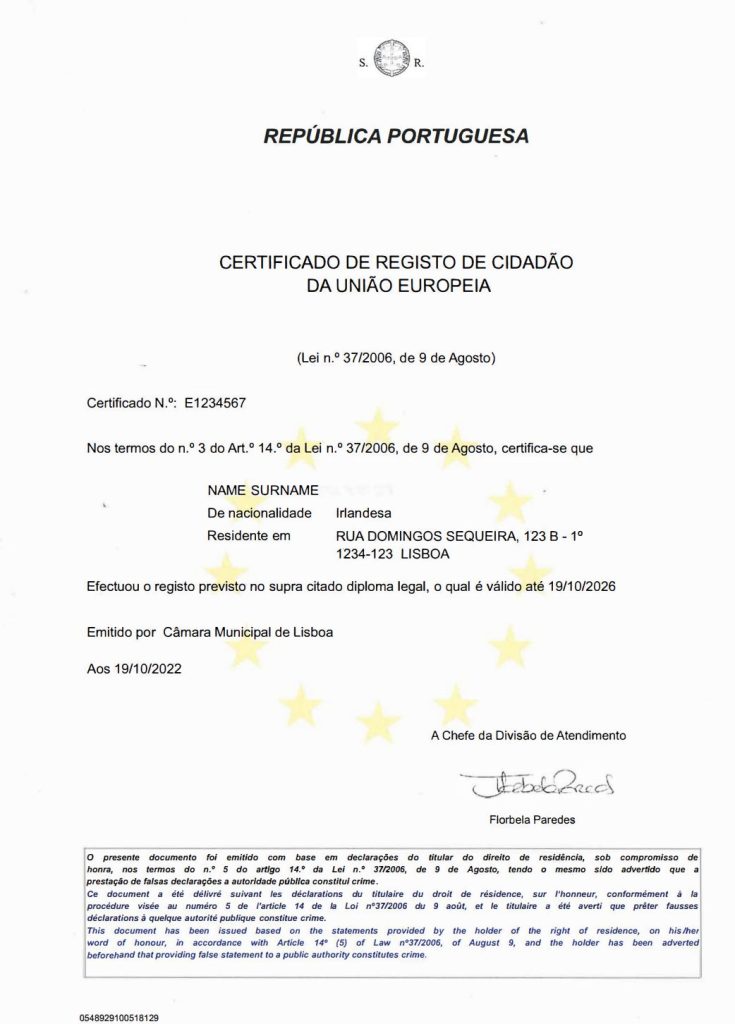 Portugal Residency Certificate for EU/EEA/Swiss citizens – CRUE